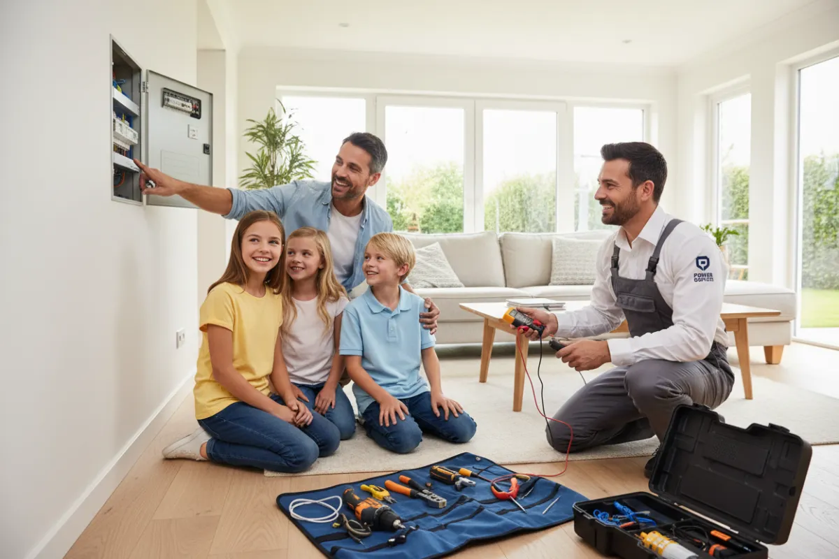 Happy family in a bright living room, smiling as an electrician explains a new safety switch installation, with visible branded tools and tidy workspace.