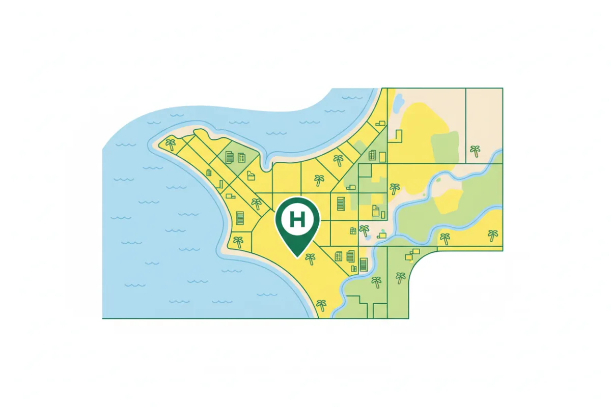 Stylized map of the Gold Coast highlighting service areas, with suburb names and a marker for the company headquarters.