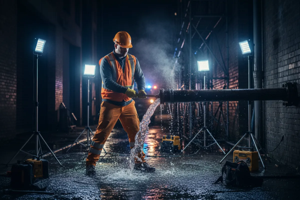 Plumber in high-visibility vest repairing a burst pipe at night, illuminated by work lights, with water spraying and urgent action. The scene is dynamic, showing quick response and professionalism in an emergency setting.