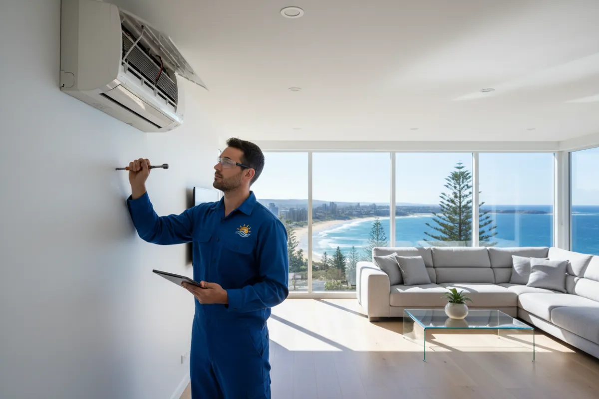 A professional HVAC technician in branded uniform servicing a sleek, wall-mounted air conditioning unit inside a bright, modern Gold Coast living room. The technician is focused, using advanced tools, with sunlight streaming through large windows and a coastal view in the background.