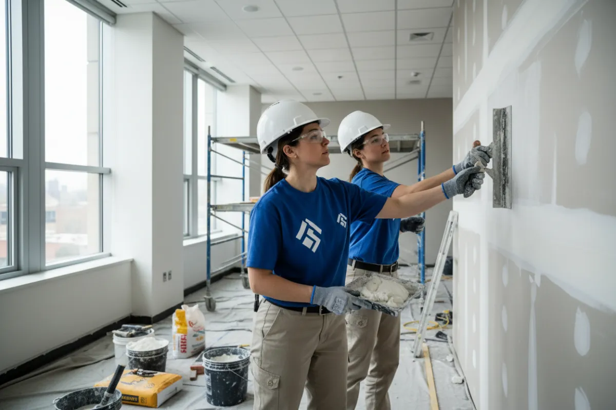 Two female tradies in branded uniforms apply plaster to a commercial office wall. The workspace is bright and organized, and the women collaborate efficiently, demonstrating teamwork and professionalism in a commercial setting.