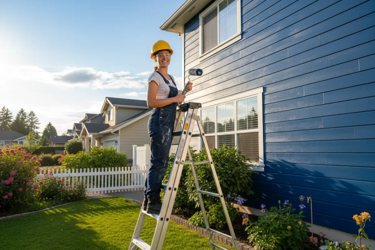 A female tradie stands on a ladder painting exterior weatherboards of a suburban home. It's a sunny day, and she wears safety gear. Her cheerful mood and the vibrant setting convey confidence and expertise in exterior painting.