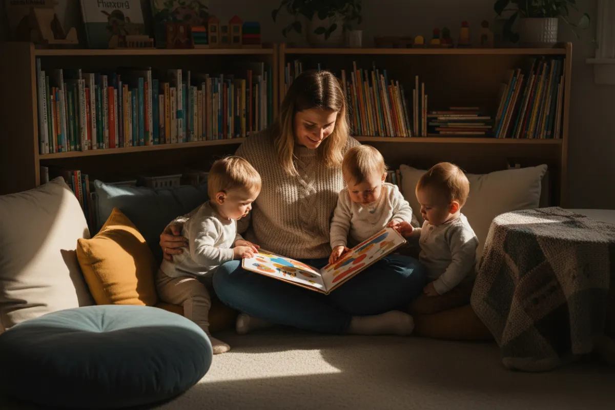 Photo: cosy rest/quiet time area with cots and soft lighting, calm atmosphere showing rest routines and safety.