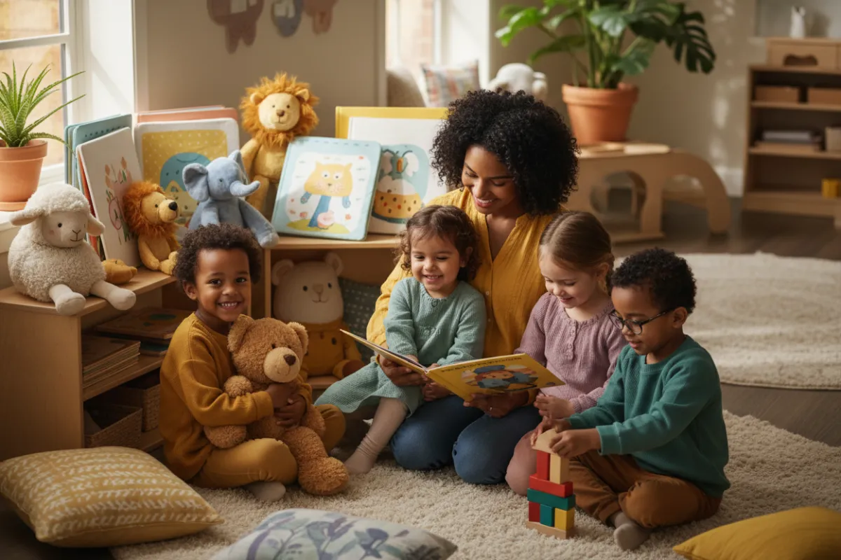 Warm portrait of a smiling preschool group with educator in a bright indoor learning corner.