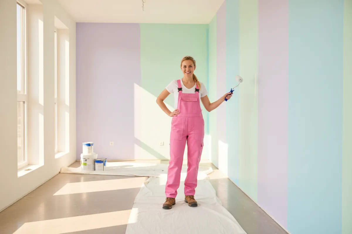 Smiling female tradie in pink overalls, holding a paint roller, standing confidently in a sunlit, freshly painted room with pastel walls