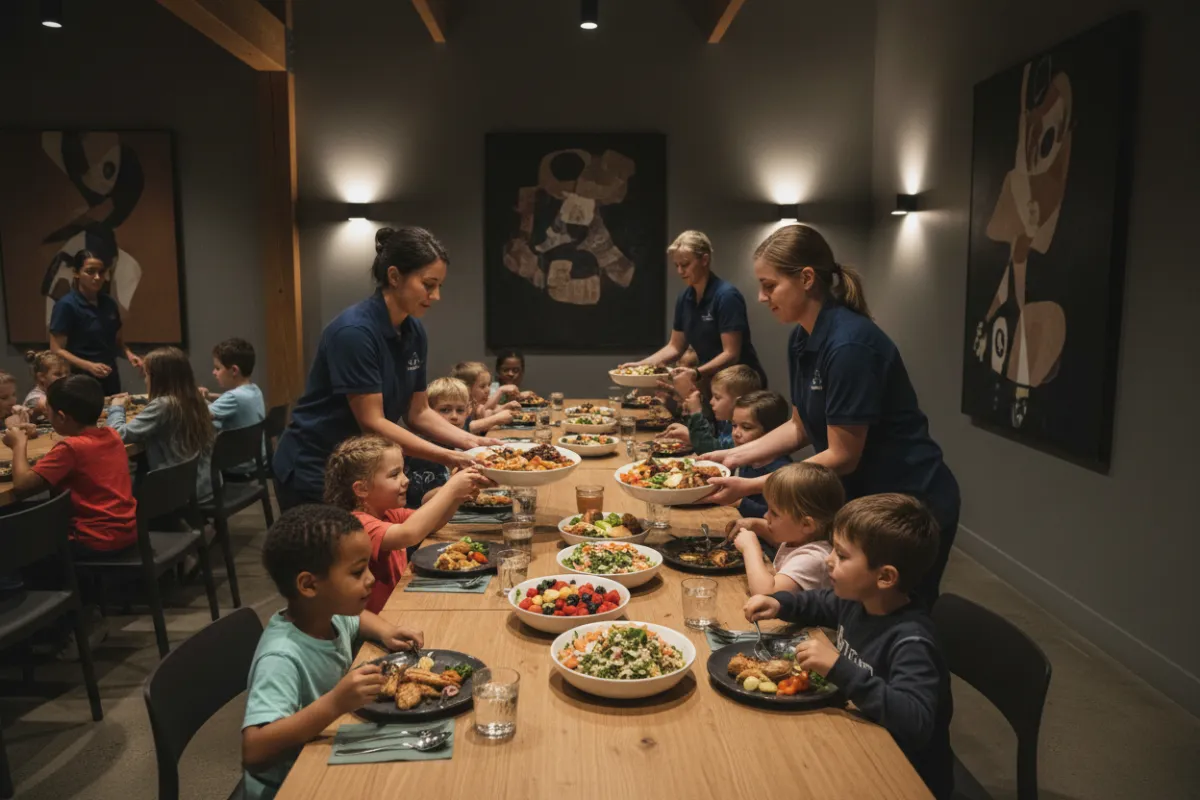 Photo: children on balance bikes in obstacle track area, safe helmets, staff supervising, action shot.