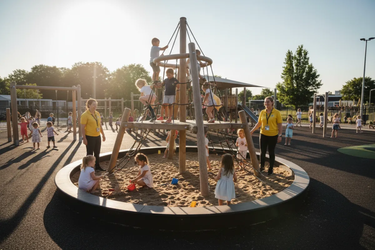 Photo: indoor learning space with art table and books, warm lighting and educational displays on walls.