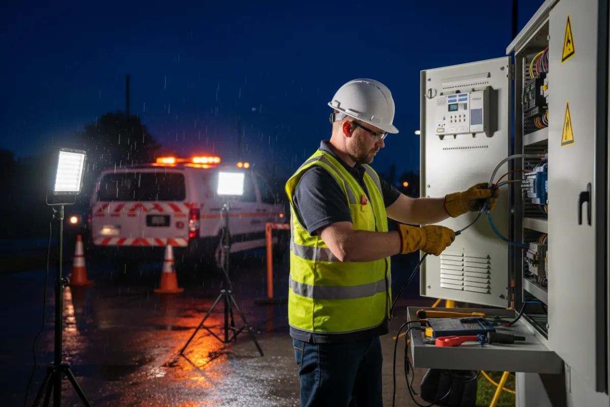 Electrician in high-visibility vest and helmet repairing a switchboard at night, illuminated by portable work lights, with emergency van in background, showing urgency and professionalism.