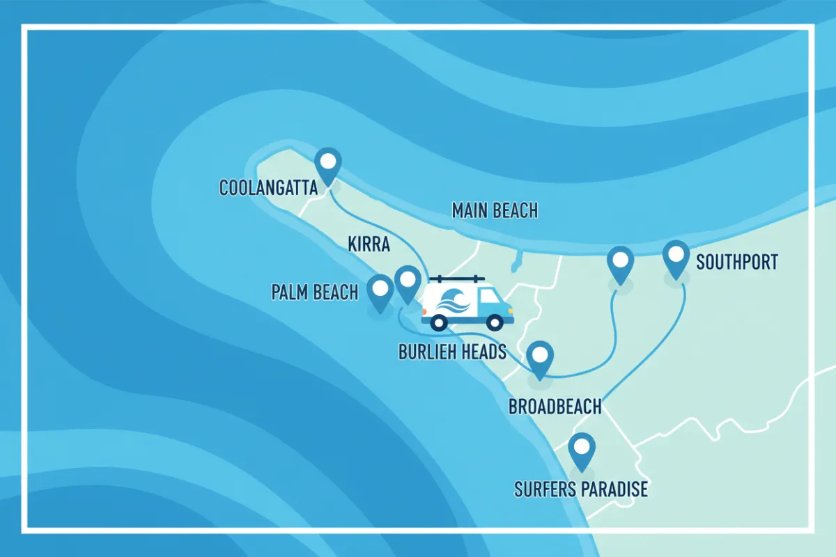 Map illustration highlighting Gold Coast suburbs with a Coastal Flow Plumbing van icon, blue and aqua color palette, and clear suburb markers. The design is clean, modern, and visually emphasizes local coverage.