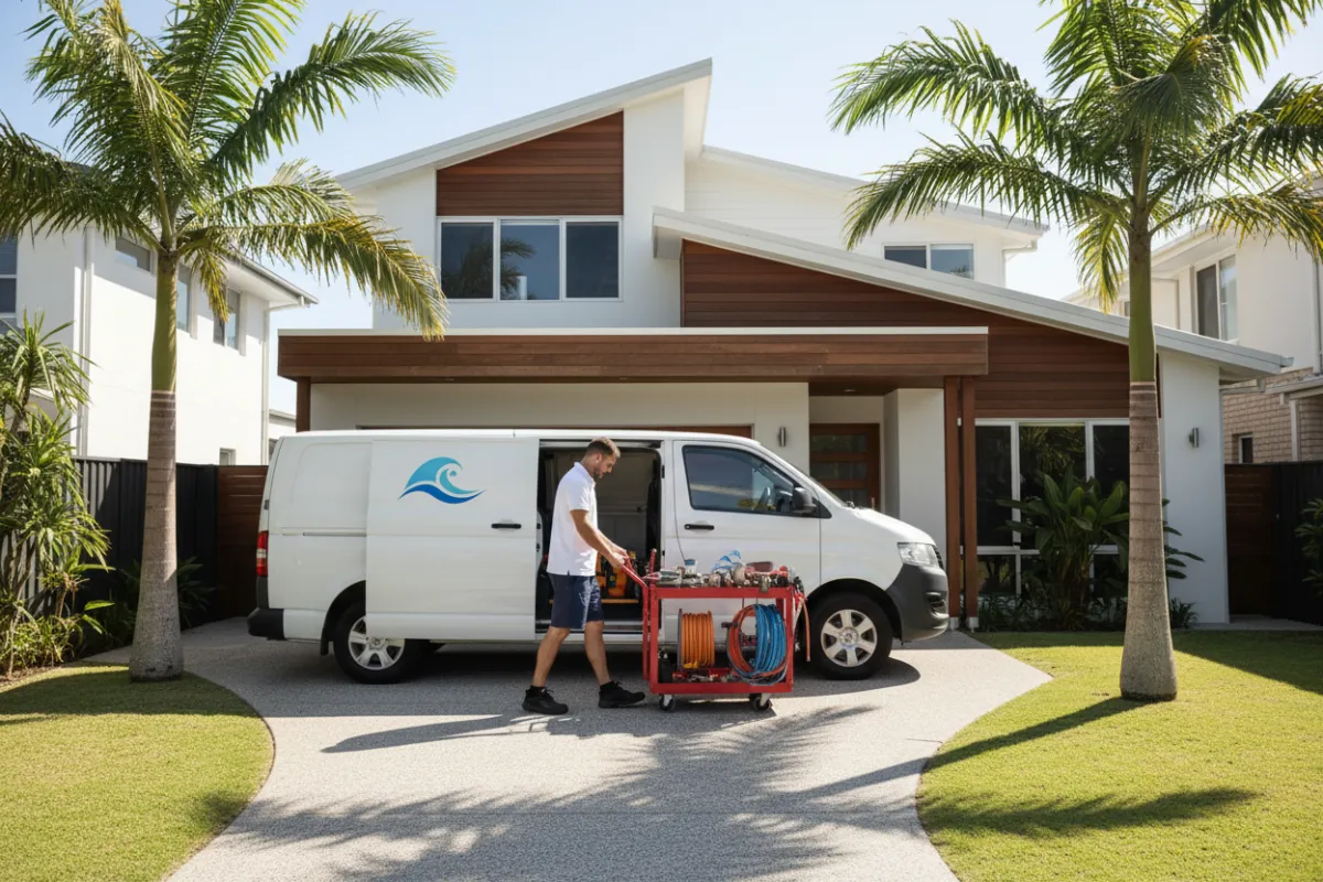 Branded Coastal Flow Plumbing van parked outside a Gold Coast home, with a plumber unloading equipment. The scene is sunny, with palm trees and a welcoming, professional vibe.
