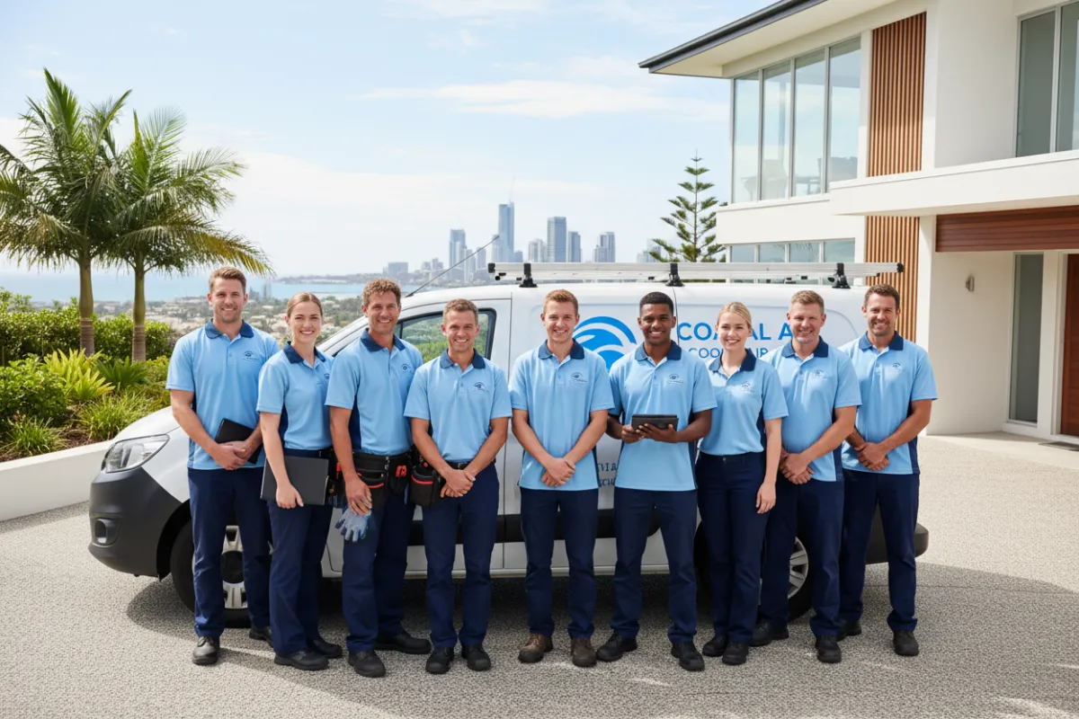 A diverse team of HVAC technicians and office staff, all in matching branded uniforms, standing together in front of a Coastal Cool Air service van parked outside a modern Gold Coast home. The group is smiling, conveying trust and professionalism.