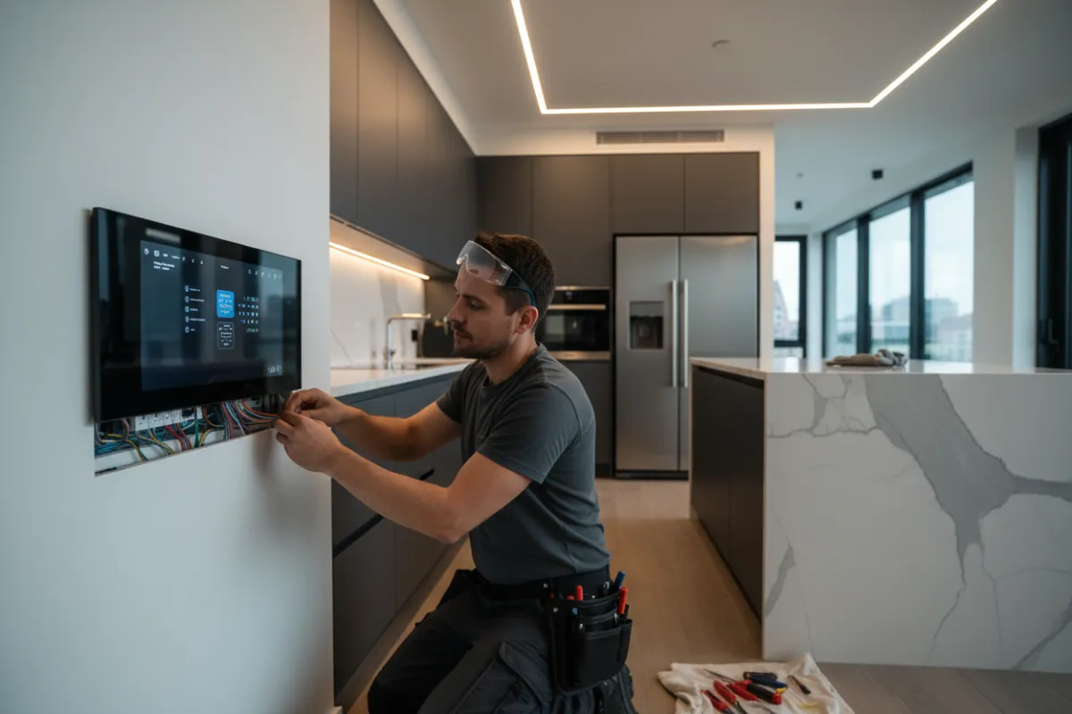 Electrician installing a smart home panel in a modern kitchen, with LED lighting and sleek cabinetry, showing attention to detail and advanced technology.
