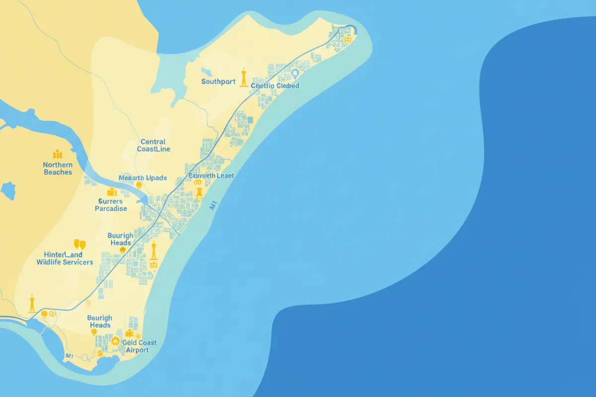 Detailed map of the Gold Coast region with highlighted service areas, including major suburbs and landmarks, in a clean, modern style with blue and yellow accents.