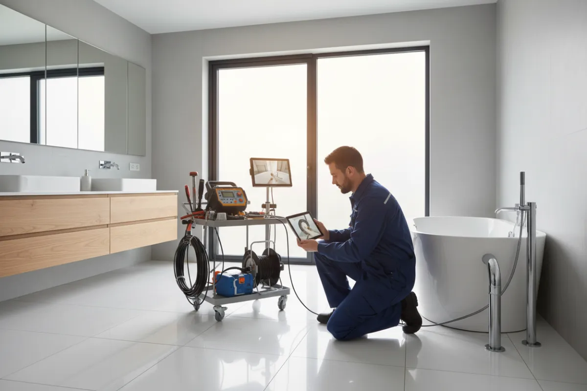 Plumber using a pipe inspection camera in a residential bathroom, with advanced tools and a focus on precision. The setting is bright, clean, and modern, highlighting technical expertise and care.