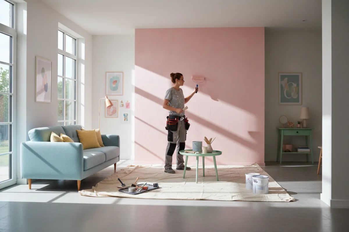 A female tradie painting a feature wall in a modern living room with pastel decor. She has a focused expression, and natural light streams in, highlighting the transformation. The setting is residential, with a sense of care and attention to detail.