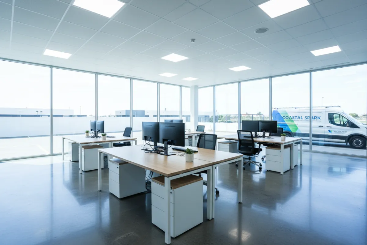 Commercial office space with new energy-efficient lighting installed, open-plan desks, and visible Coastal Spark van through glass windows, highlighting business expertise.