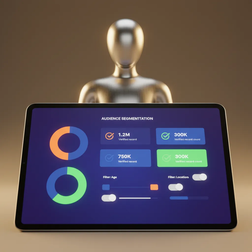 A stylized dashboard figure showing a high-contrast audience segmentation UI on a tablet—close-up of charts, verified record counts, and segment filters, warm studio lighting, photorealistic editorial composition, centered on product UI.