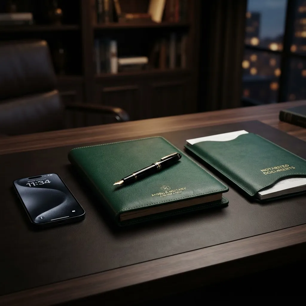 Refined executive desk with fountain pen and tailored mobile notary portfolio representing Sealtique Notary LLC in Milwaukee