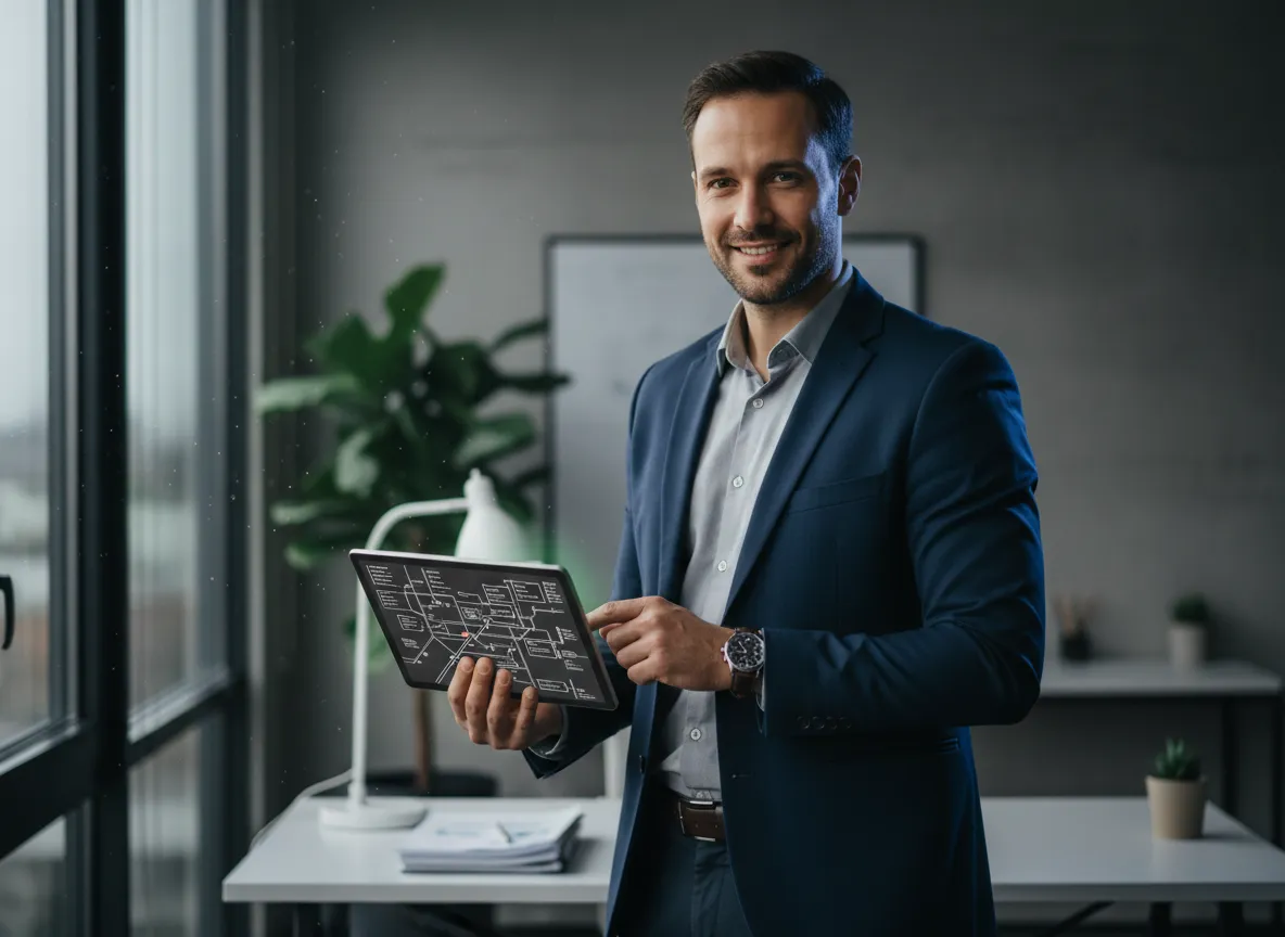 Friendly small business owner reviewing a roadmap