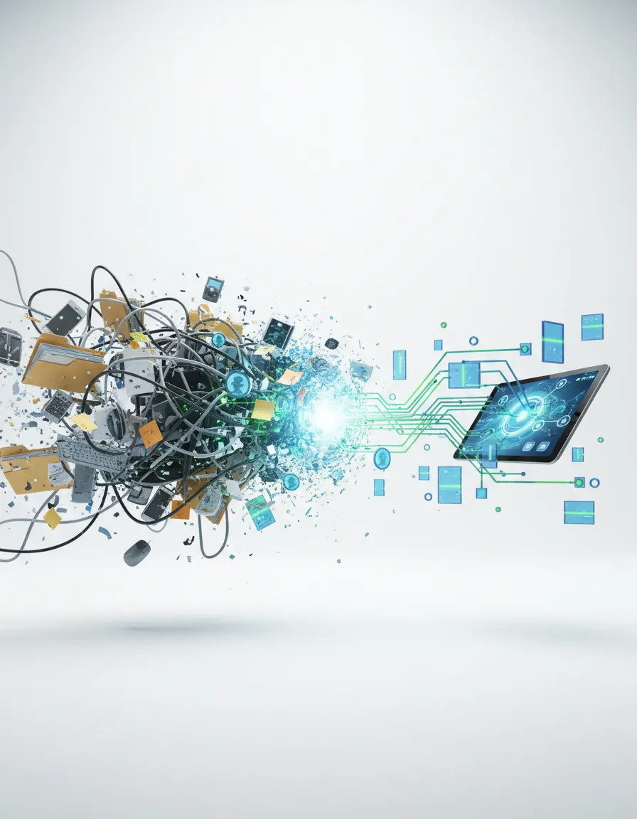 Abstract representation of chaotic manual workflows transforming into clean automated AI processes