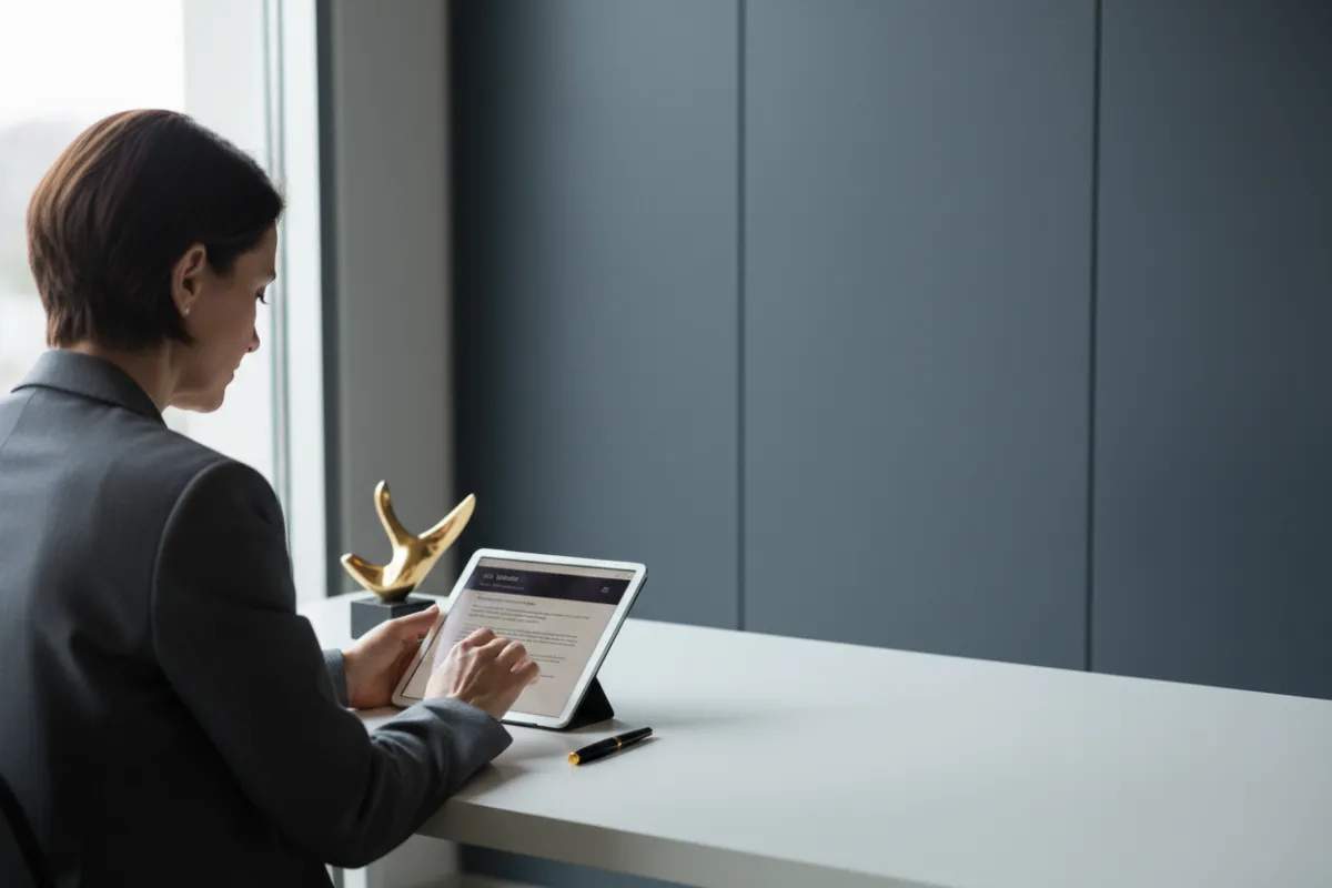 Person reading a business article on a tablet in a well-lit office