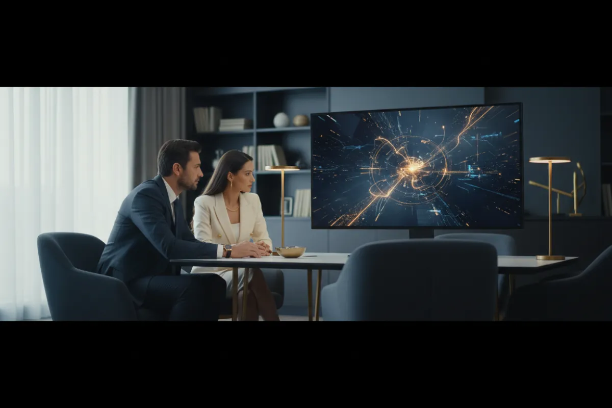 Executives watching a strategic video presentation on a large monitor