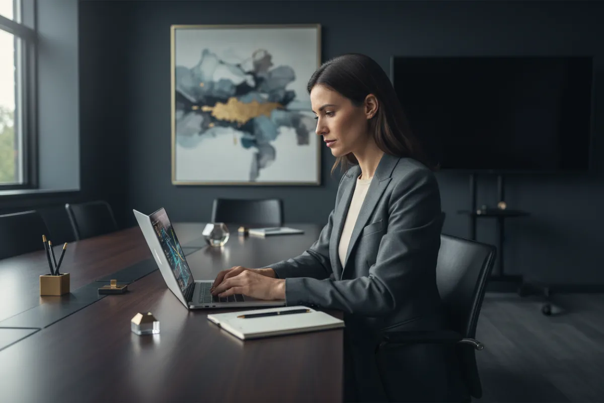 Professional conducting a business assessment on a laptop in a conference room