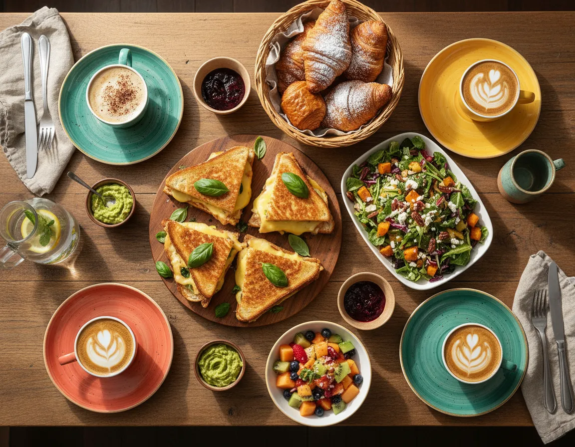 Brunch plates and beverages on a shared table