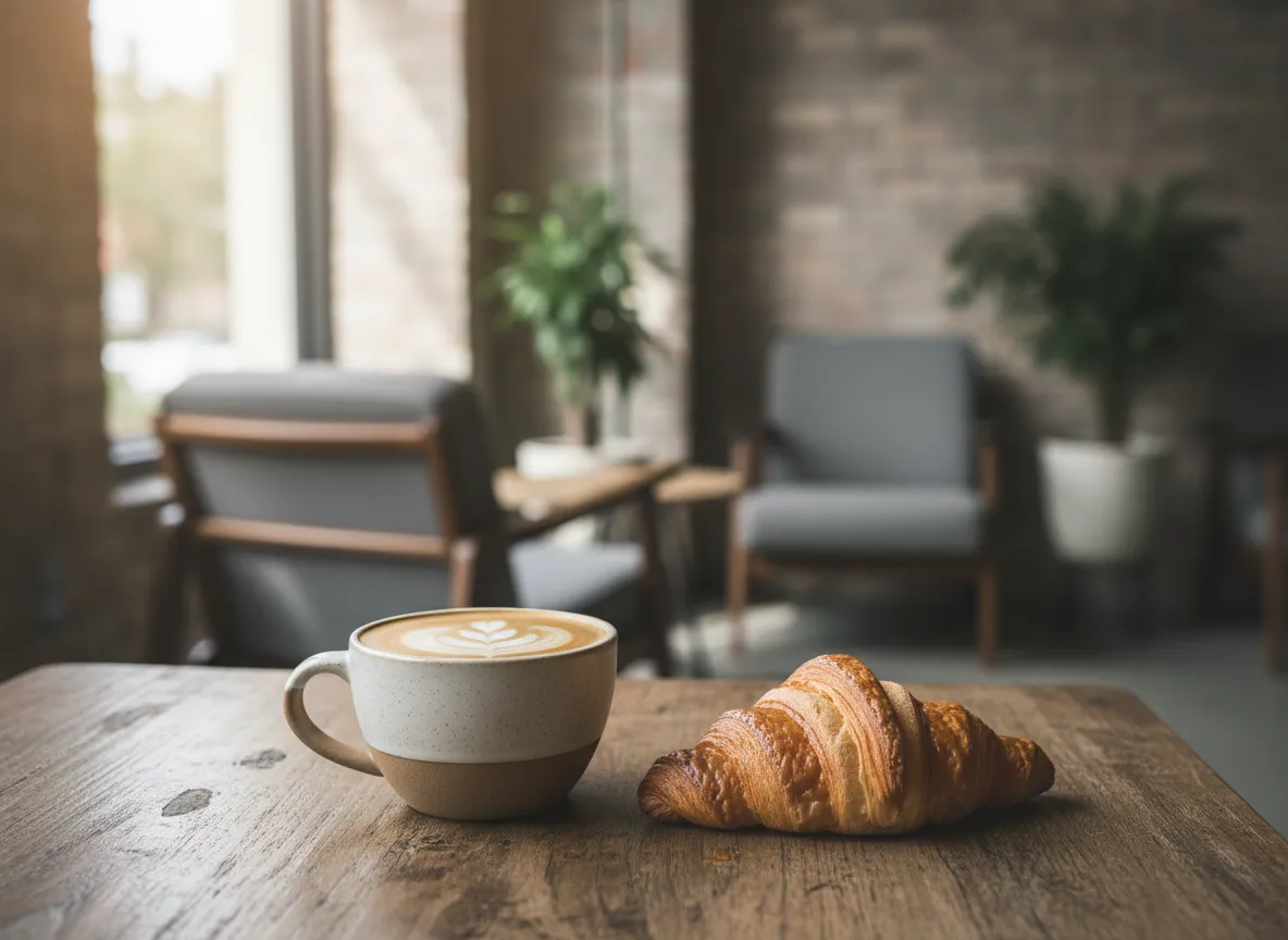 Brunch dish and pastry on a wooden table at Collab Cafe