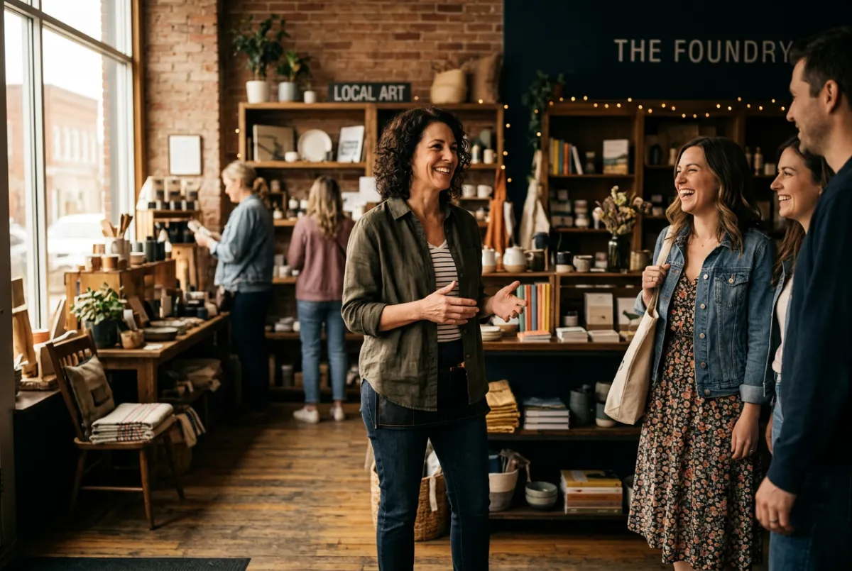 Local business owner greeting smiling clients in a welcoming store front
