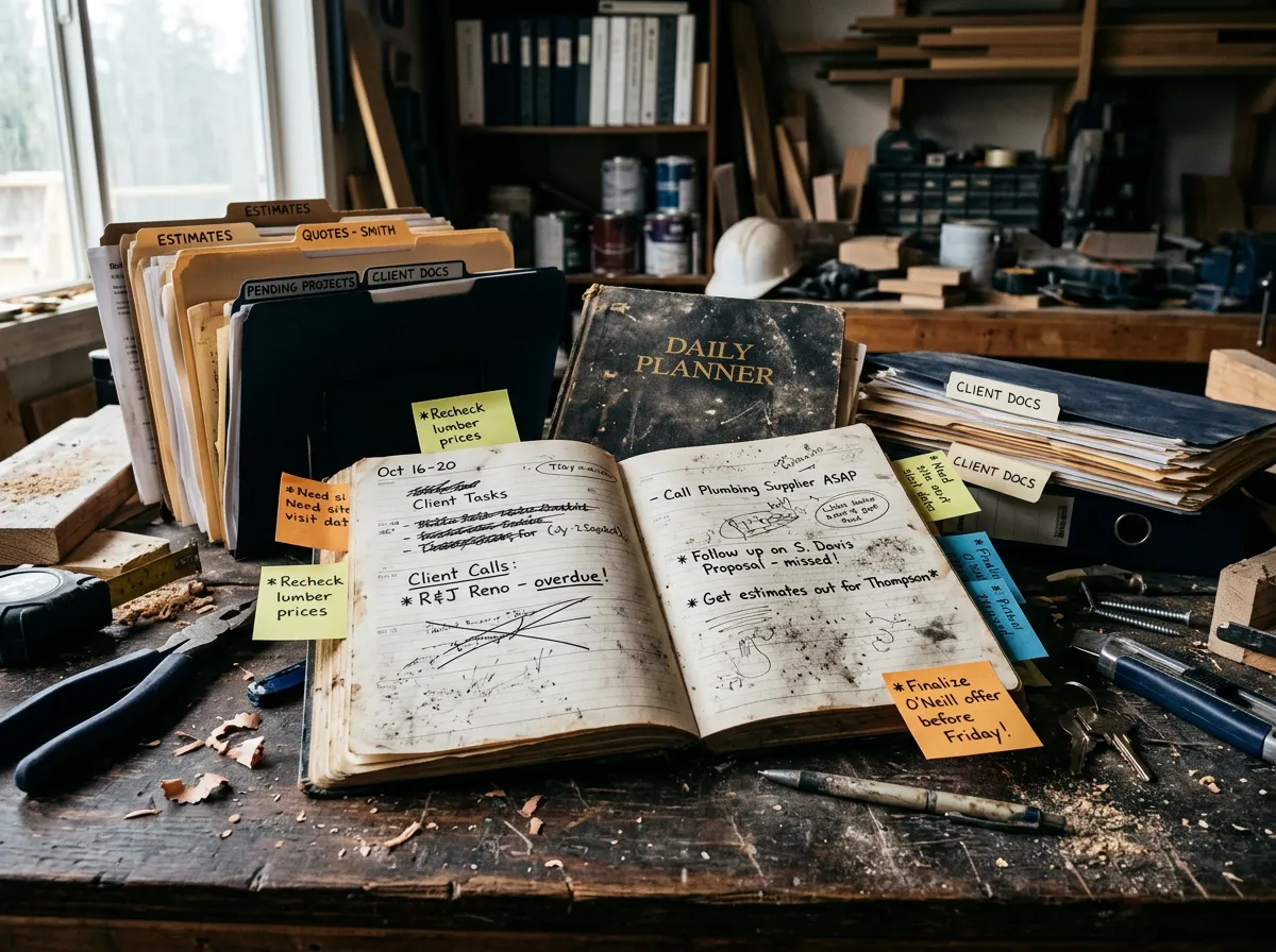 Scattered quote folders and sticky notes on a service clinic desk