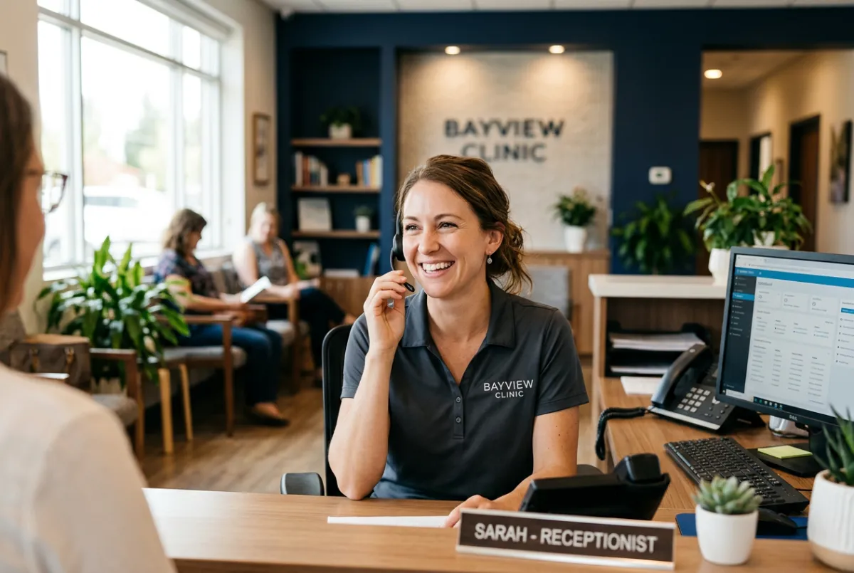 Attentive professional at an organized front desk communicating with customers