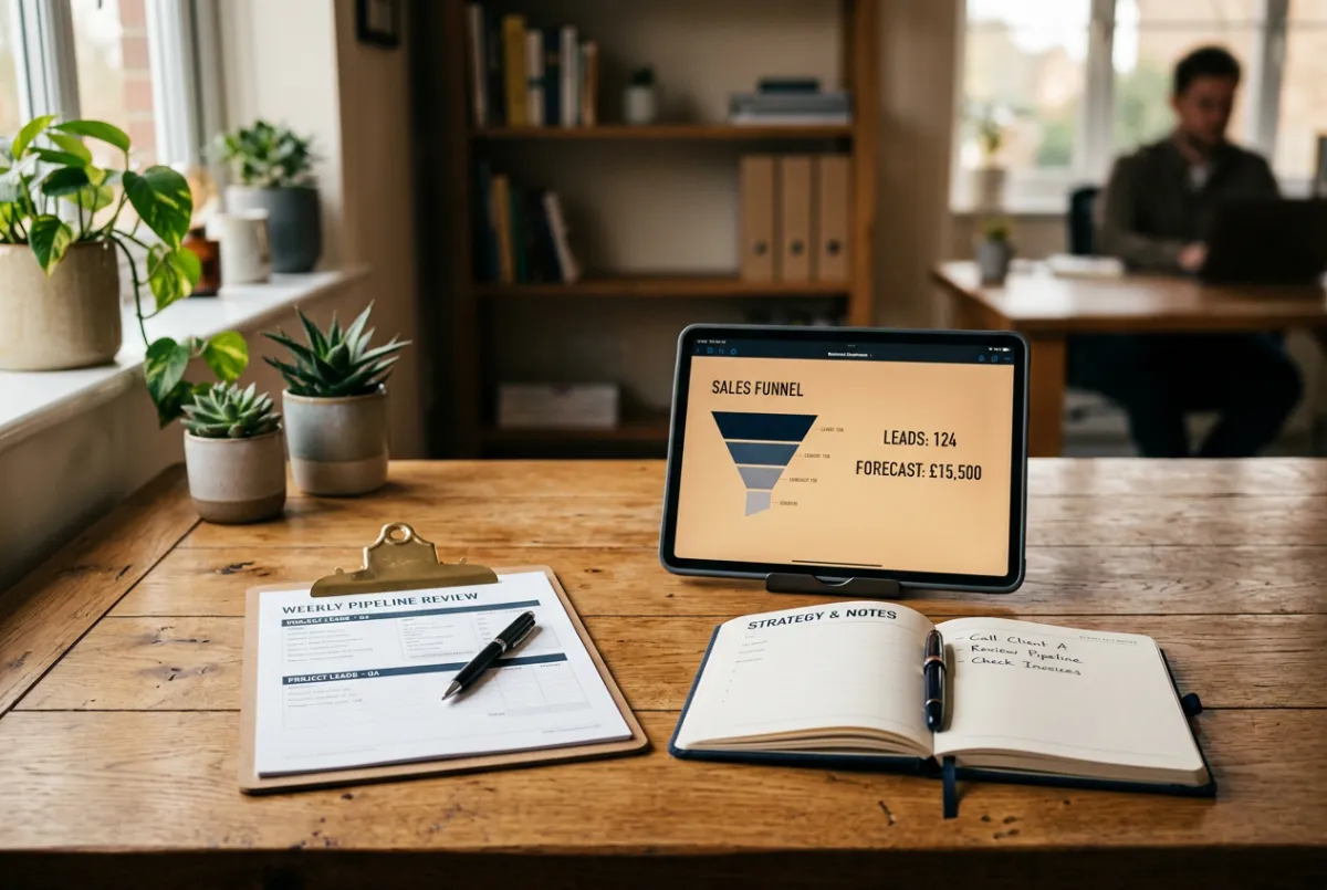 Calm and organized workspace of a business professional reviewing client pipeline