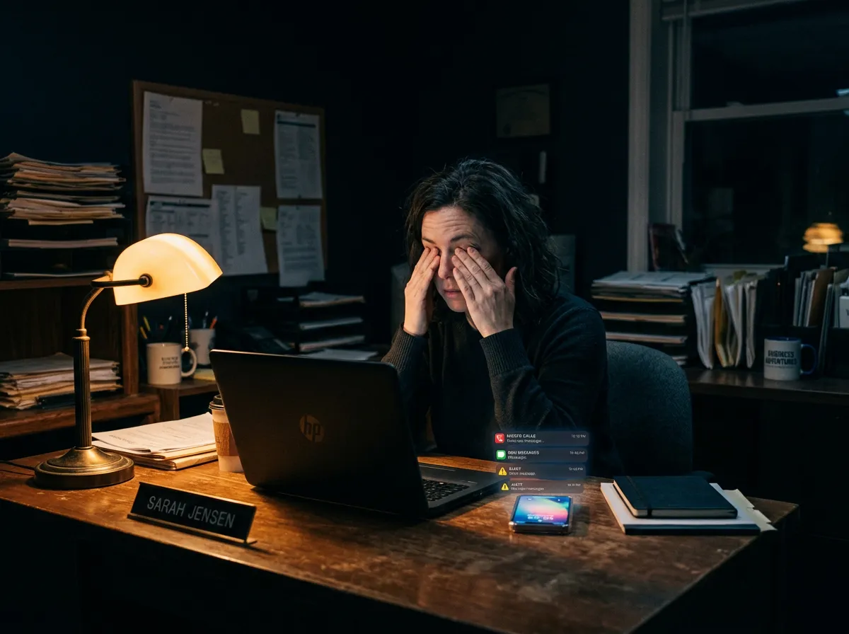 Overwhelmed small business owner checking unread online inquiries late in the evening