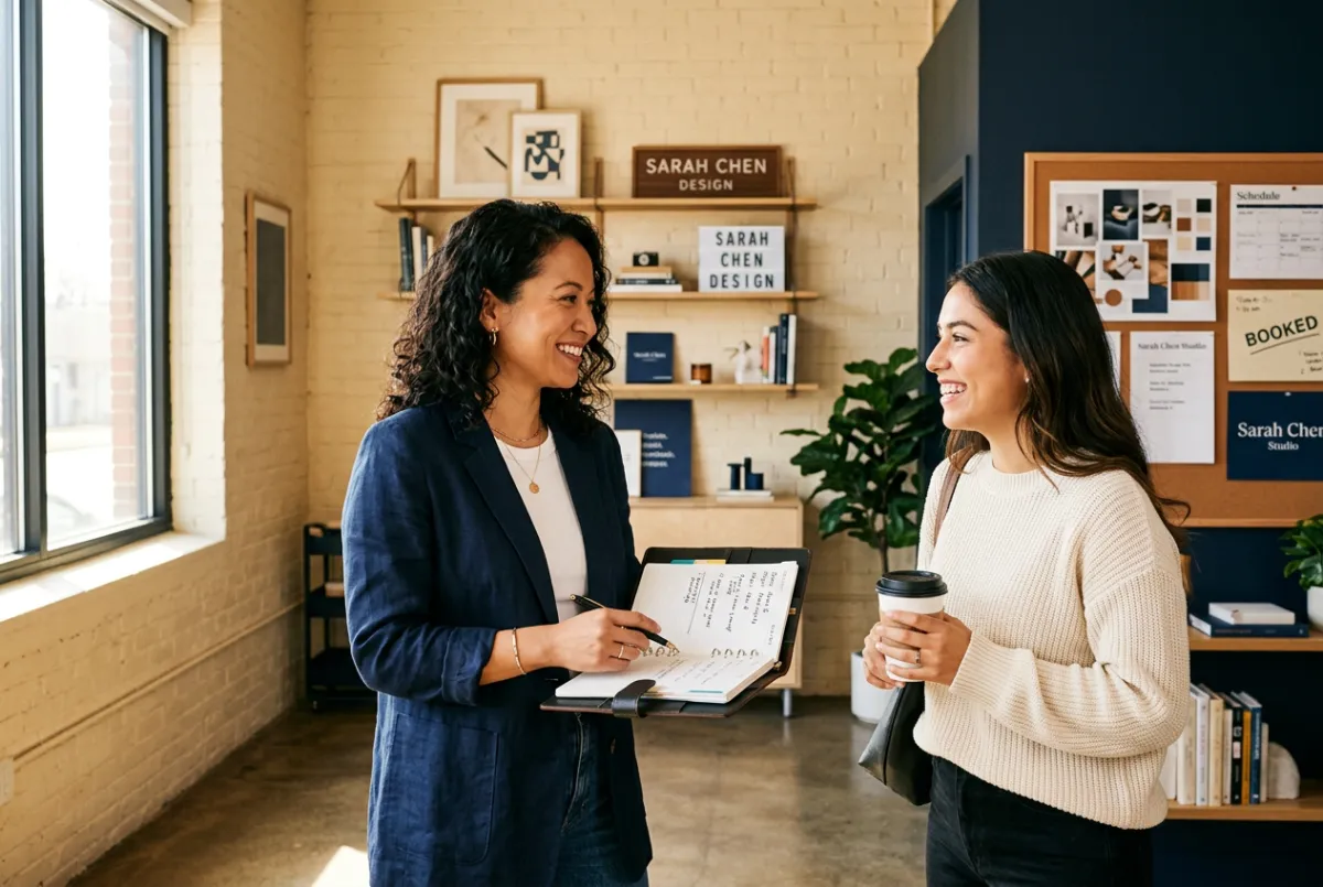 Warm vibrant photograph of a calm business owner greeting a booked client in a modern studio