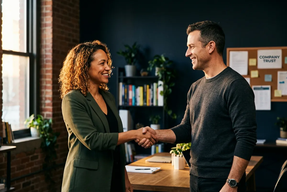 Warm handshake closing an agreement between business partners in a sunny office