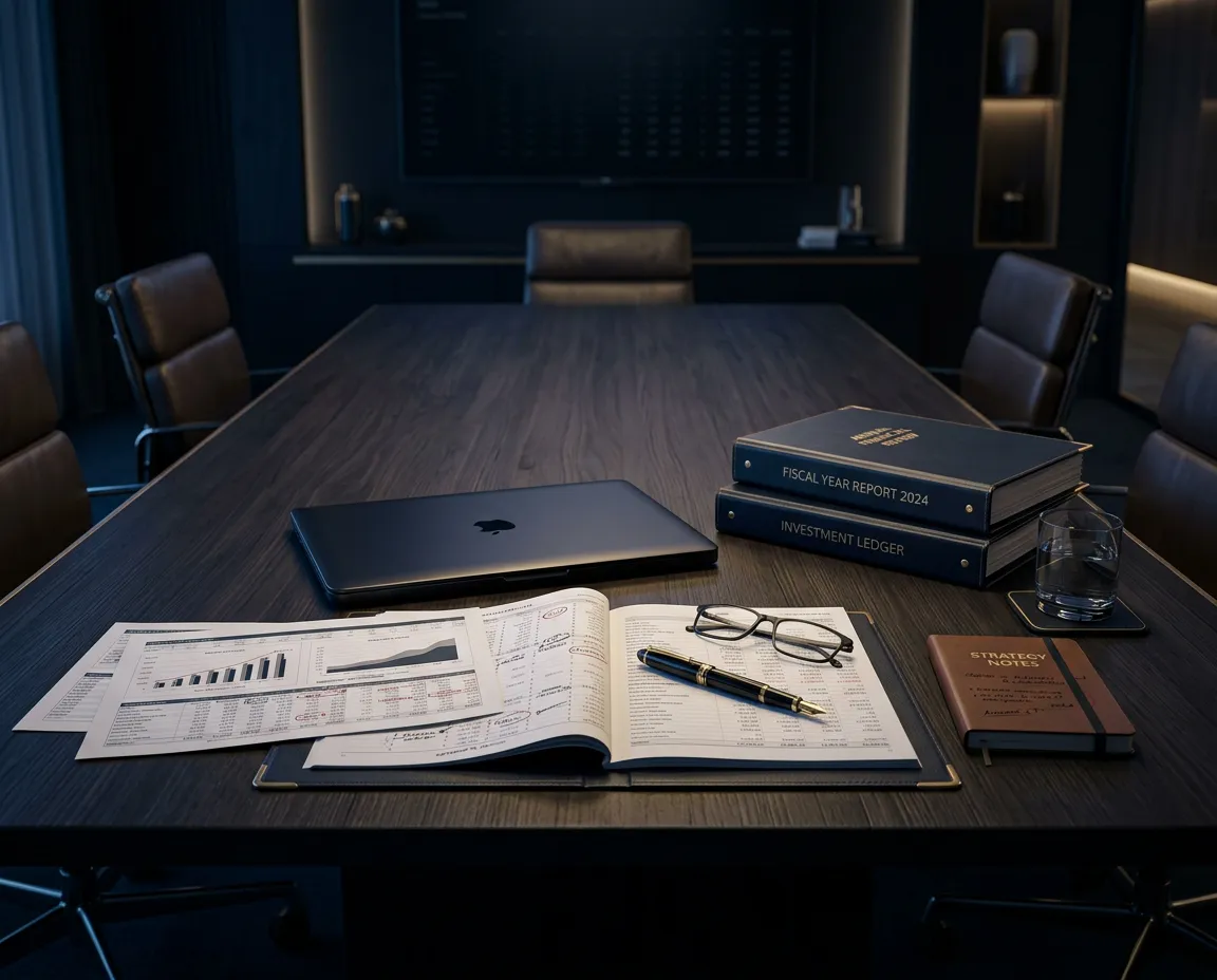 Executive architectural boardroom and detailed financial review documentation