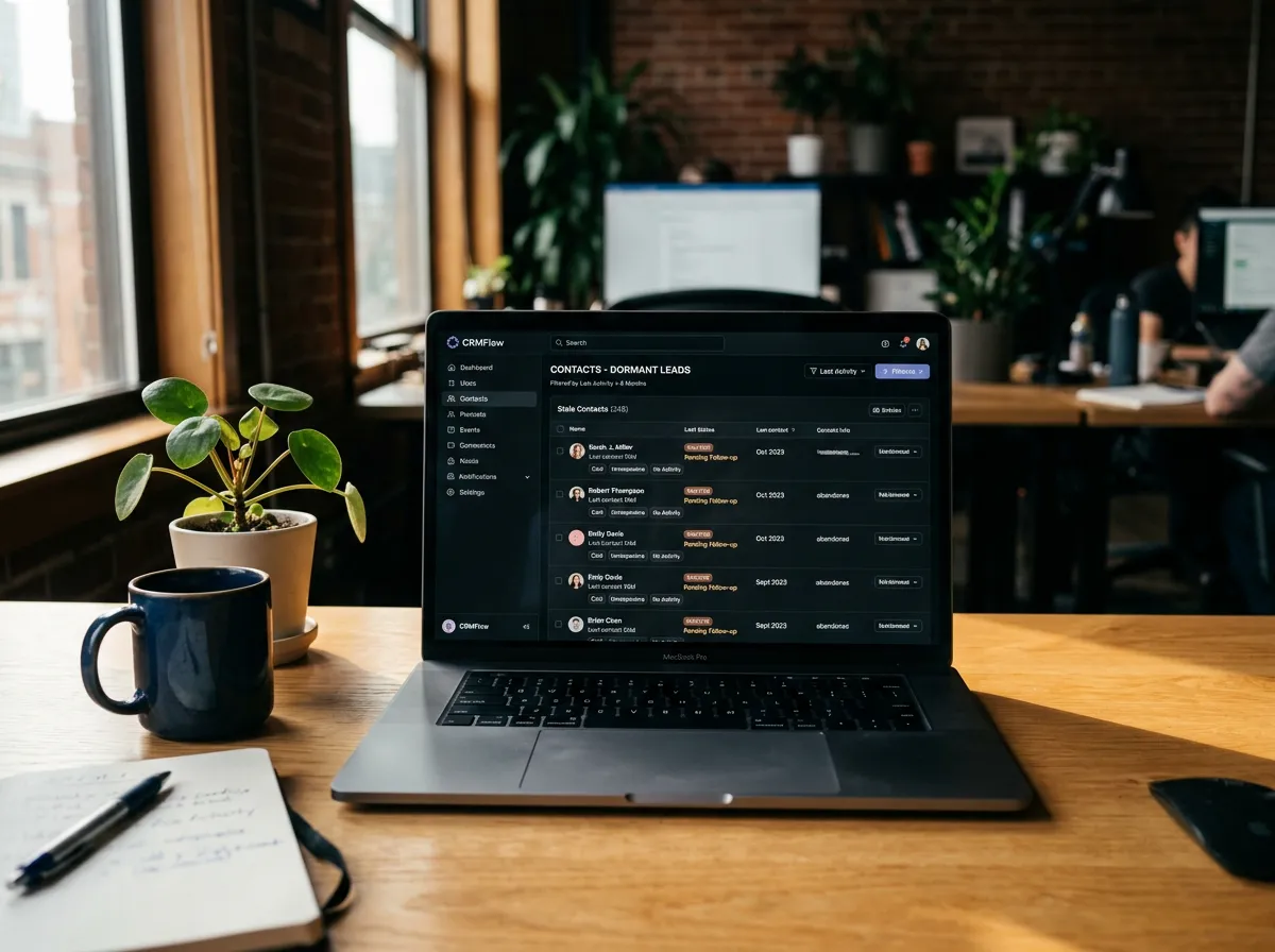 Dormant CRM customer database list displayed on modern office desktop