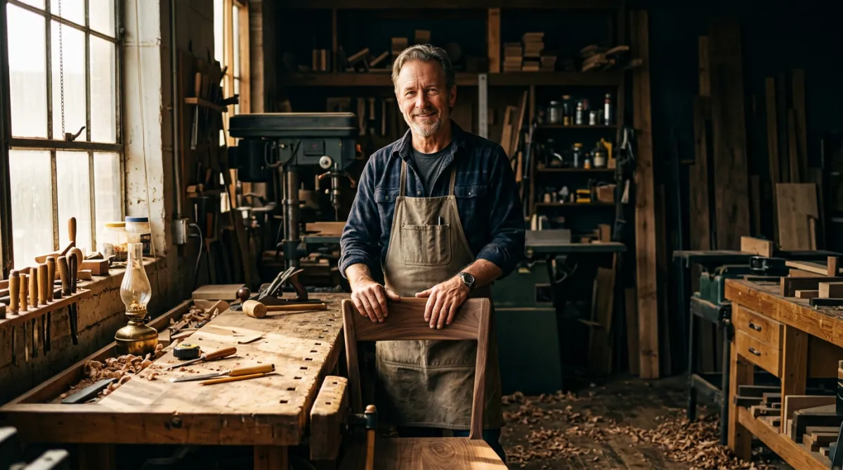 Authentic small business owner standing proudly in a sunlit American workshop