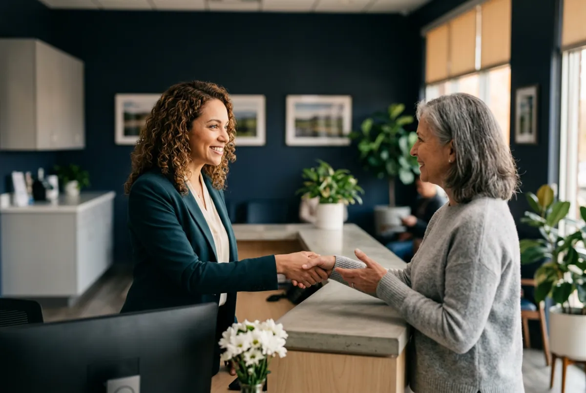 Warm handshake between business owner and customer in a modern clinic