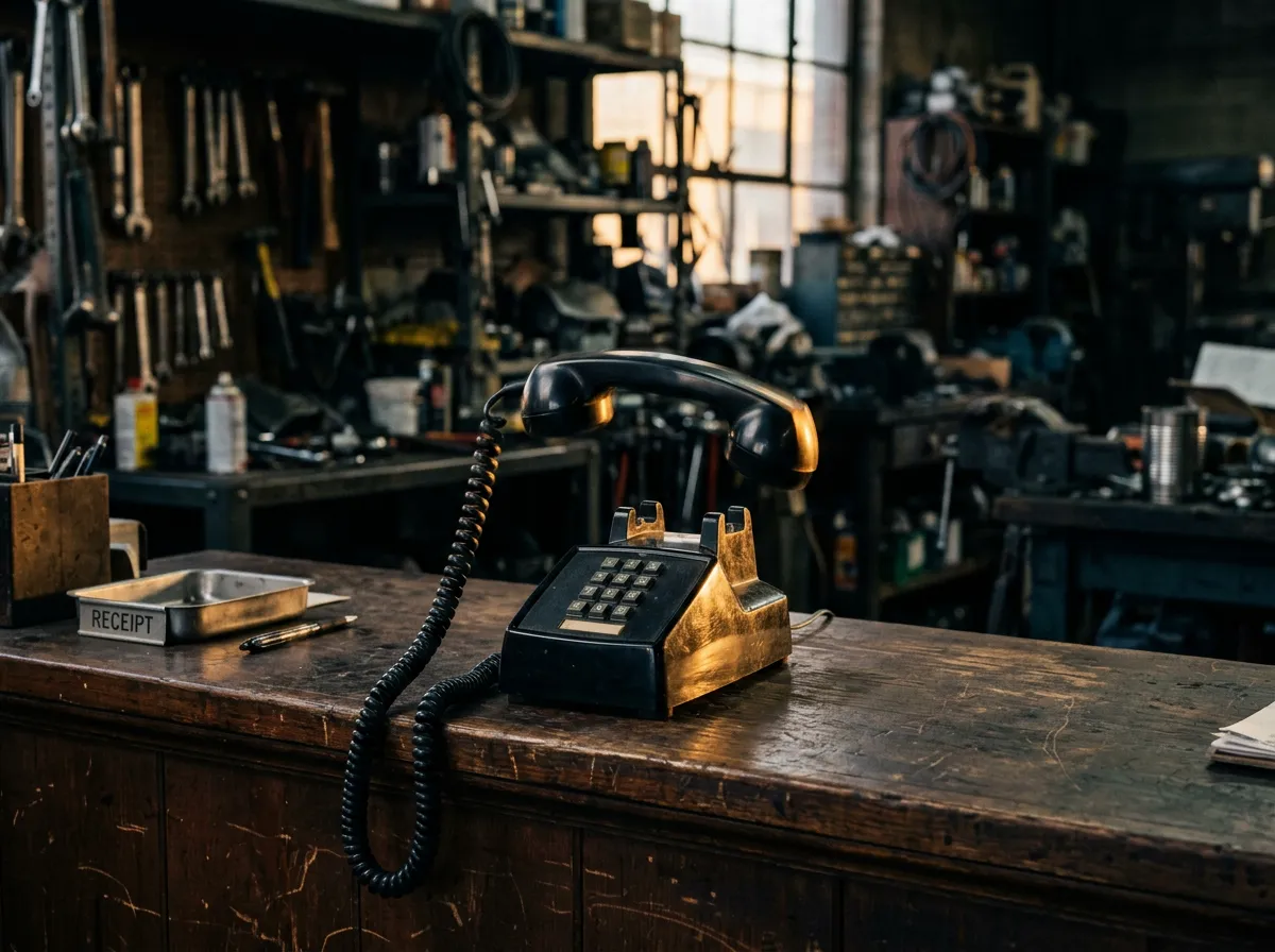 Unanswered business telephone in a busy local workshop counter