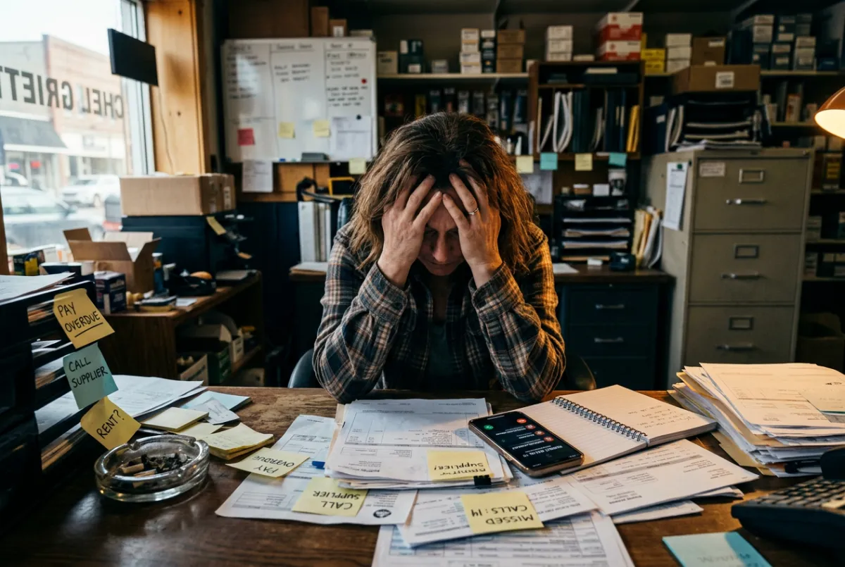Grayscale photo of a stressed local business owner overwhelmed by disorganized notes and missed calls