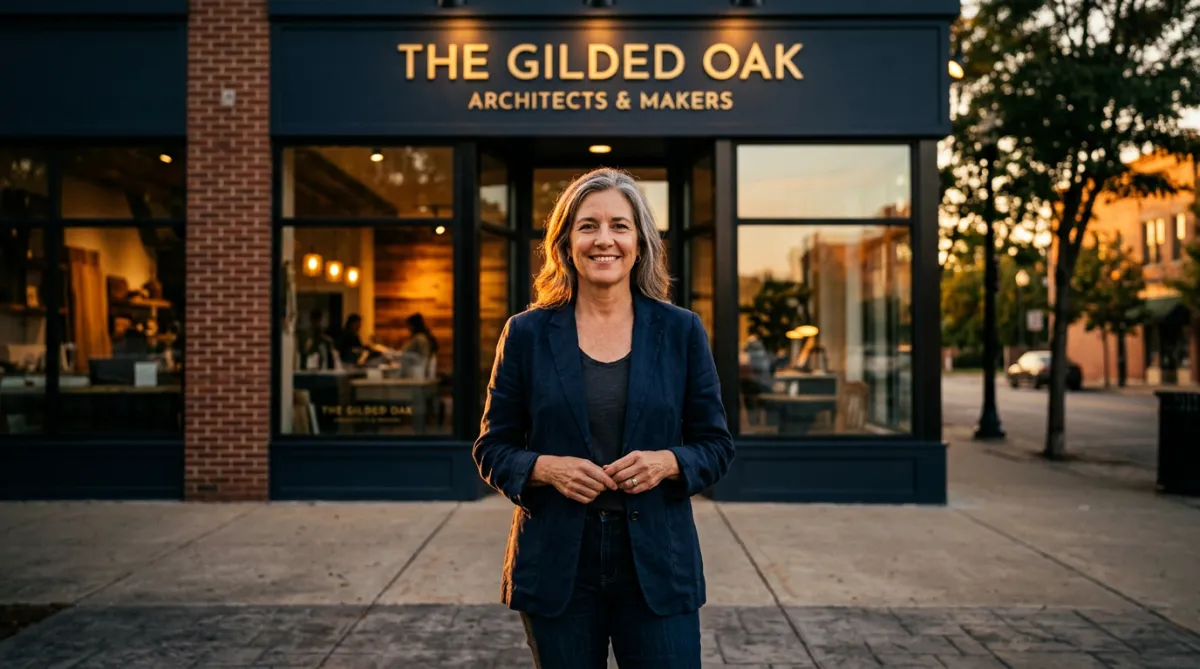 Optimistic portrait of an American small business owner in a sunlit studio, looking ahead with confidence