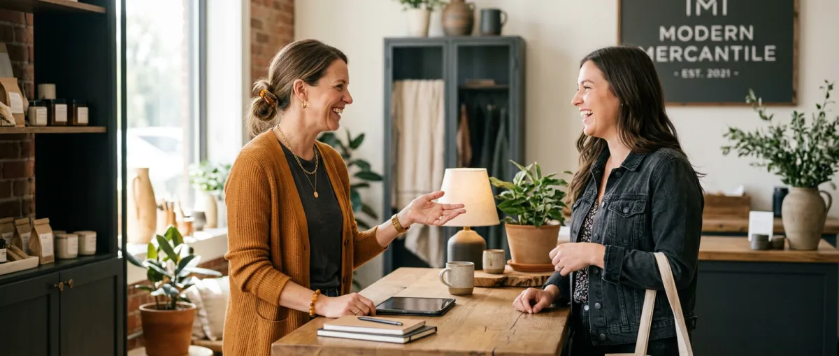 American small business owner warmly shaking hands and consulting with a happy customer in a bright office environment
