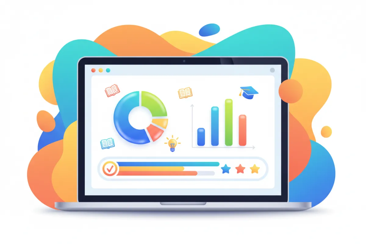 Online course dashboard with playful charts and icons