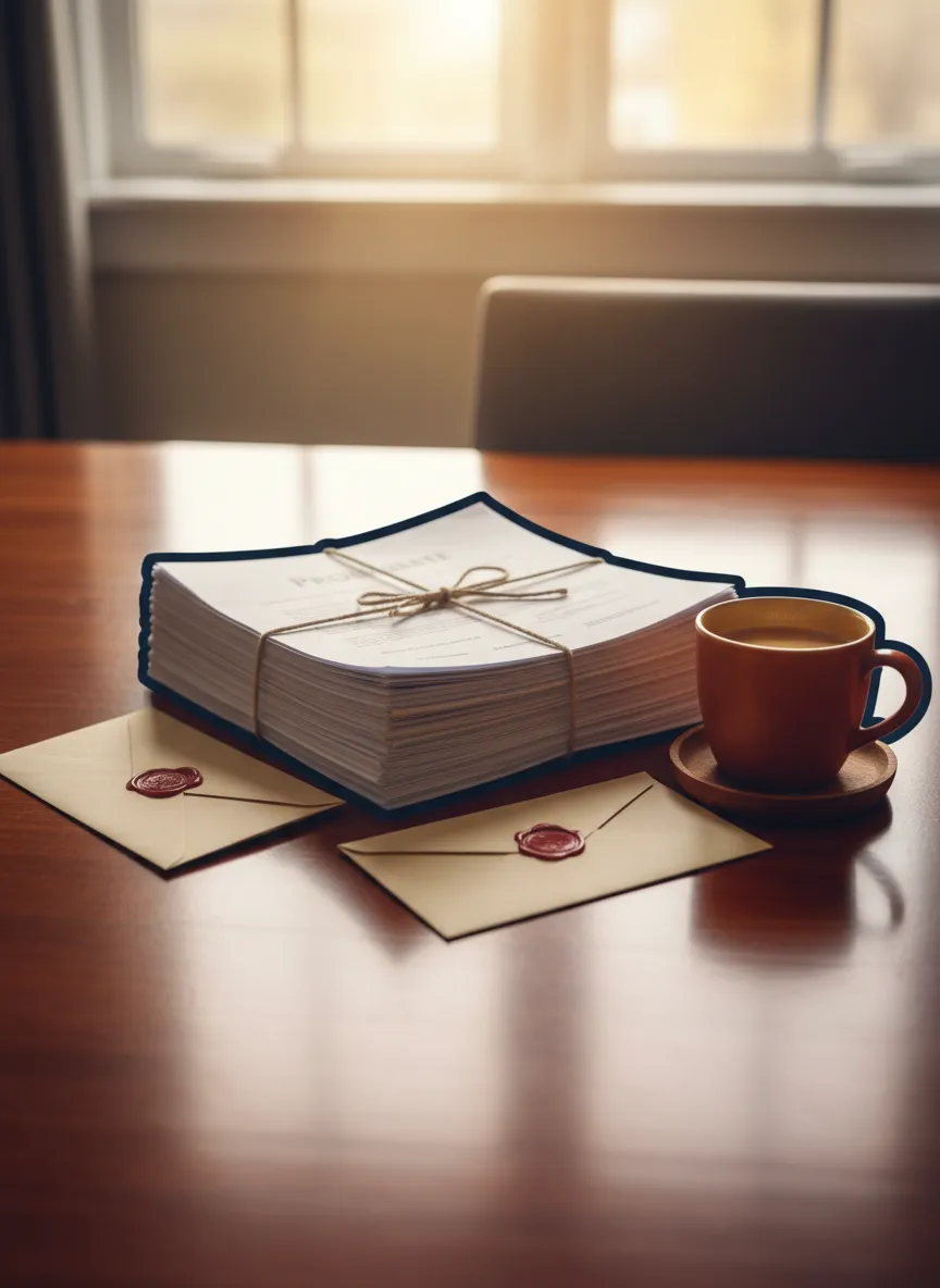 Paperwork and legal documents spread across a warm wooden dining table