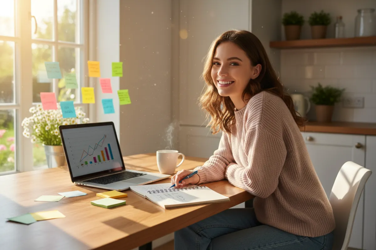 A smiling young woman in casual clothes, sitting at a bright kitchen table with a laptop, notebook, and coffee mug. Sunlight streams through a window, and colorful sticky notes are visible. The scene feels inviting, energetic, and optimistic, representing a fresh start on a financial journey.