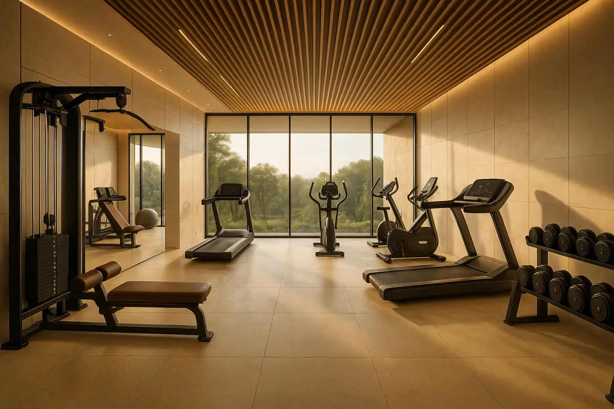Luxurious designer gym with panoramic windows and premium equipment