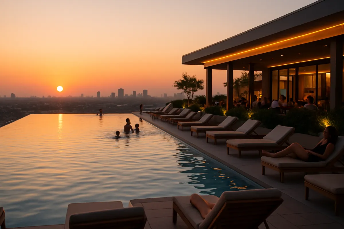 Resort-style infinity pool and rooftop lounge at sunset