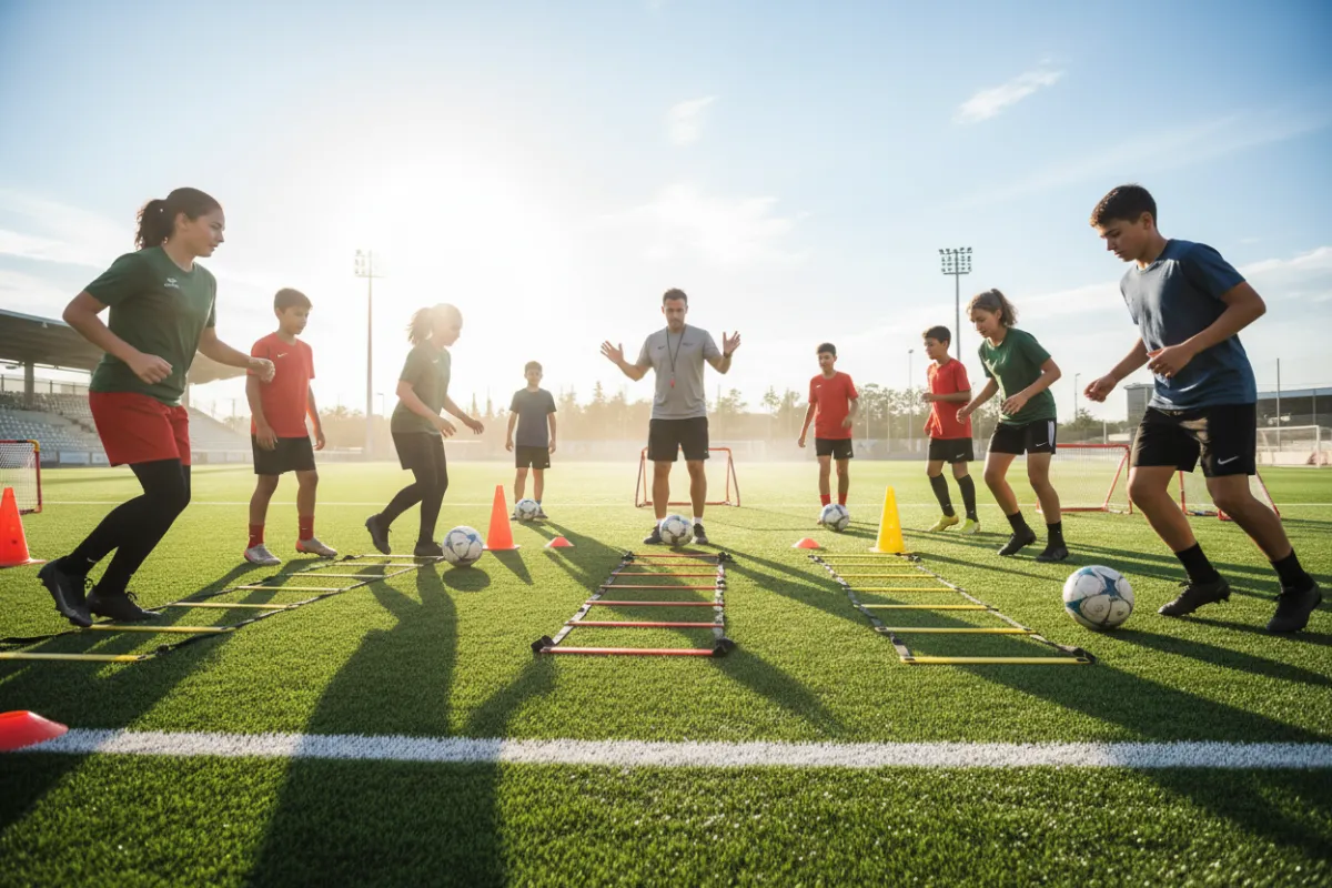 A diverse group of young footballers training on a bright green pitch, cones and equipment set up, coach giving instructions, energetic movement, sunny day, 3:2 aspect ratio.